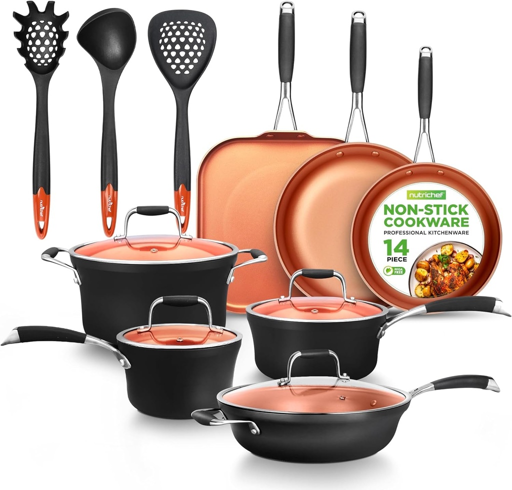 Nutrichef 14-Piece Copper Non-Stick Cookware Set - Stackable Pots and Pans with Lids, 3-Layer Coating, All Cooktop Compatible, Healthy Food-Grade Copper