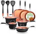 Nutrichef 14-Piece Copper Non-Stick Cookware Set - Stackable Pots and Pans with Lids, 3-Layer Coating, All Cooktop Compatible, Healthy Food-Grade Copper