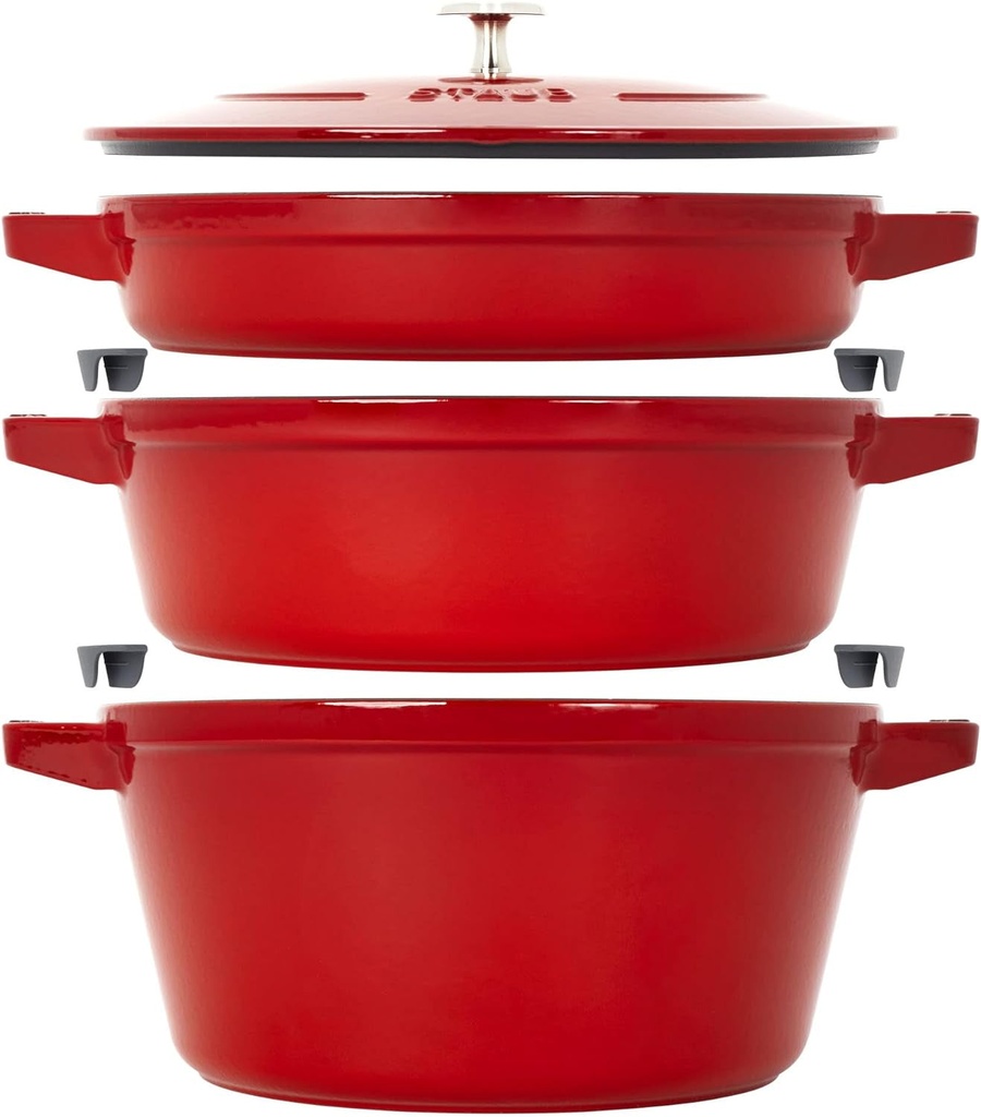 STAUB Cast Iron Set 4-Pc, Stackable Space-Saving Cookware Set, Dutch Oven, Skillet, Grill Pan with Universal Lid, Made in France, Cherry