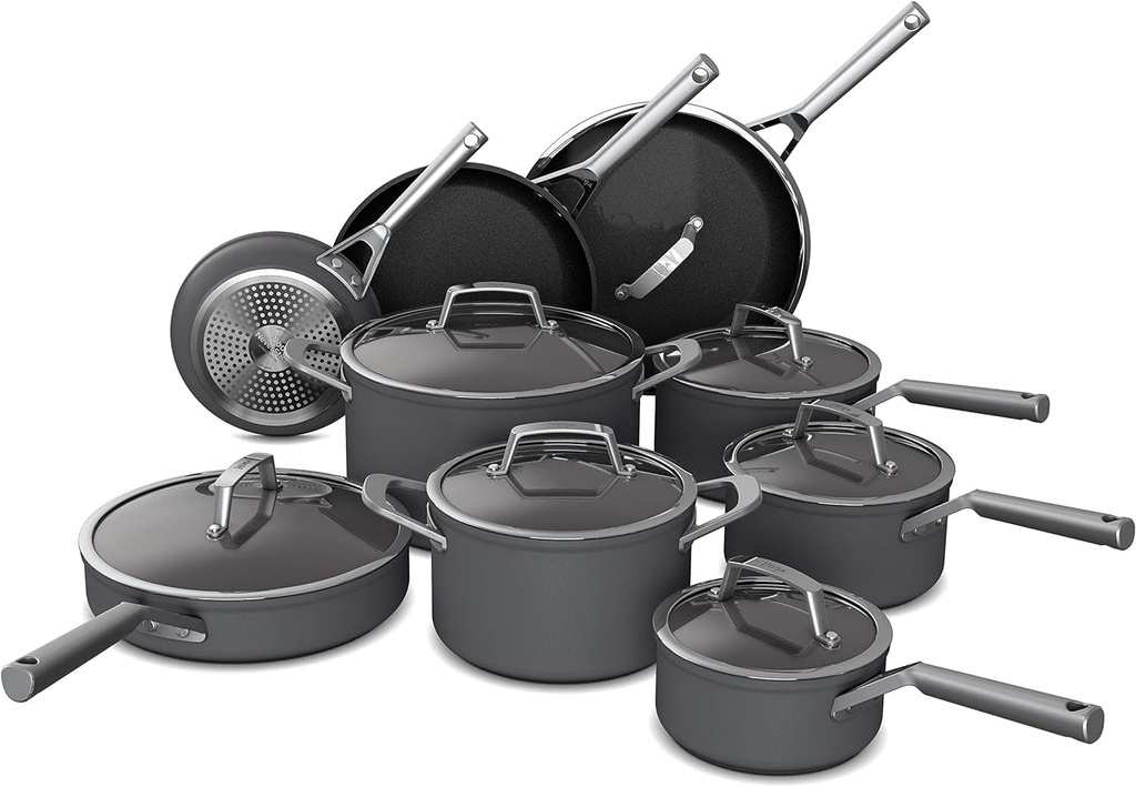 Ninja C39900 Foodi Neverstick Premium 16-Piece Cookware Set, Hard-Anodized, Nonstick, Durable & Oven Safe to 500°F, Black