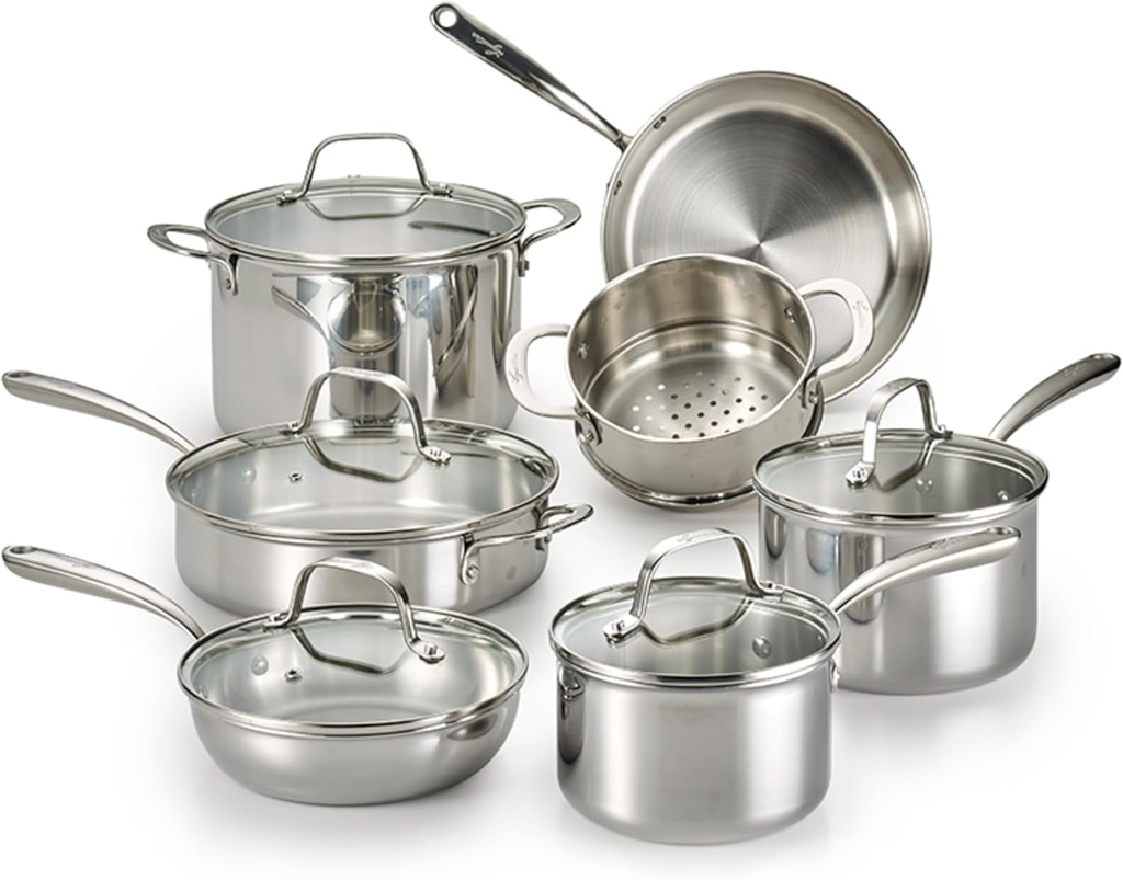 Lagostina 3 Ply Clad, 12-Pc Cookware Set , Stainless Steel Pots and Pans, Stay-Cool Cast Stainless Steel Handles, Tempered Glass Lids ,Induction Safe, Oven Safe 500°F without the Lids