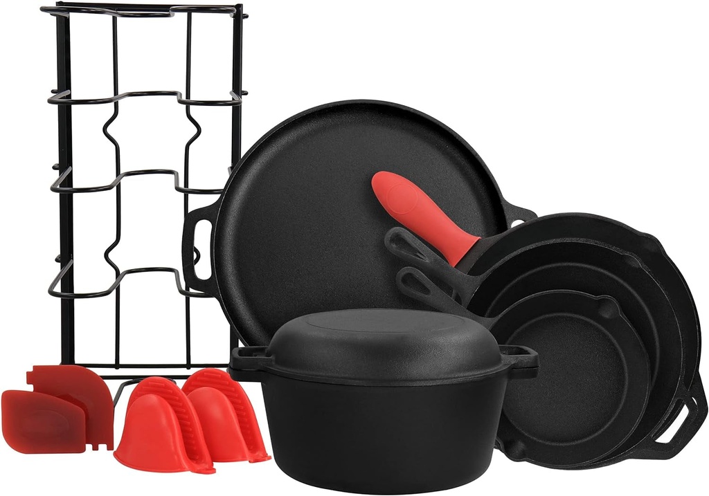 Megachef Megachef 12 Piece round Preseasoned Cast Iron Cookware Set, Black and Red