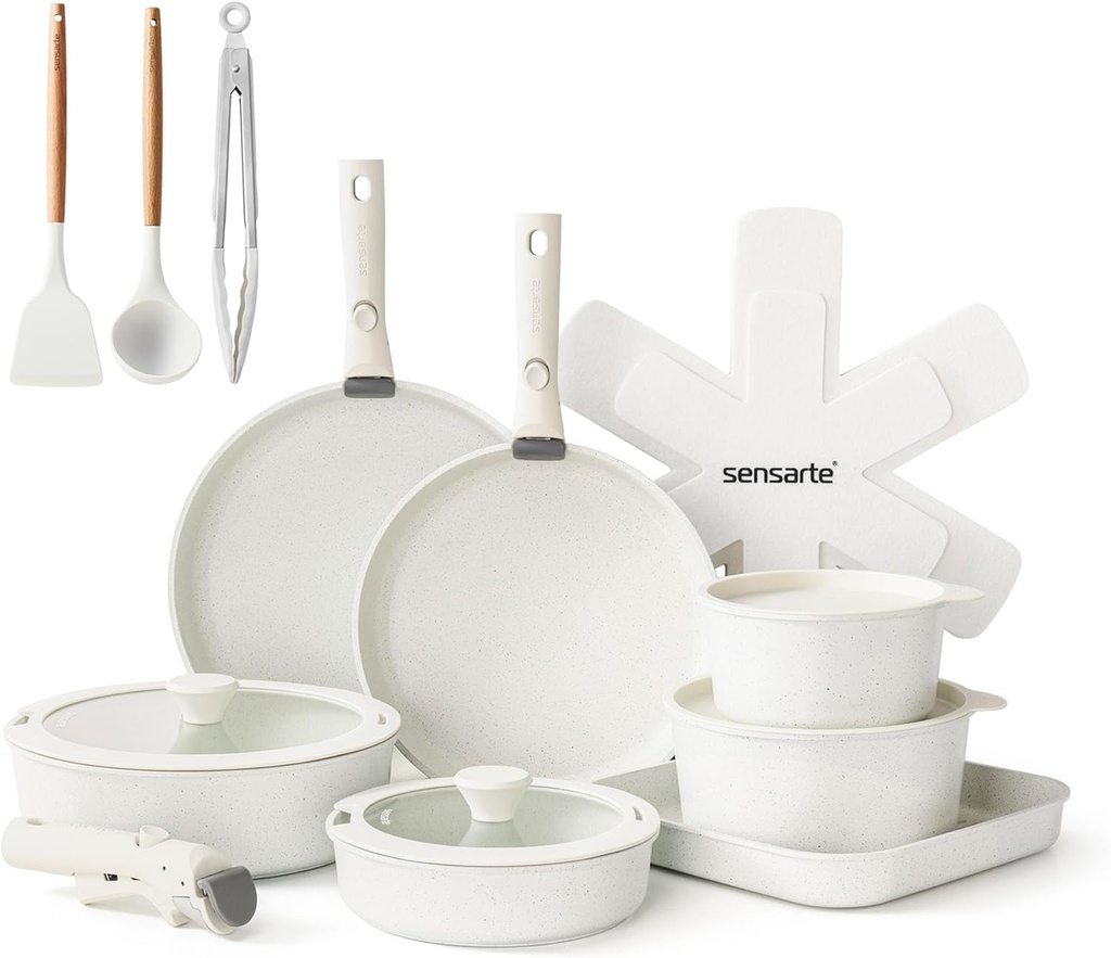 SENSARTE 23 Piece Pots and Pans Set, Nonstick Detachable Handle Cookware, Induction Kitchen Cookware Set with Removable Handle, Healthy Non Stick RV Cookware, Dishwasher ＆ Oven Safe, PFOA Free (White)