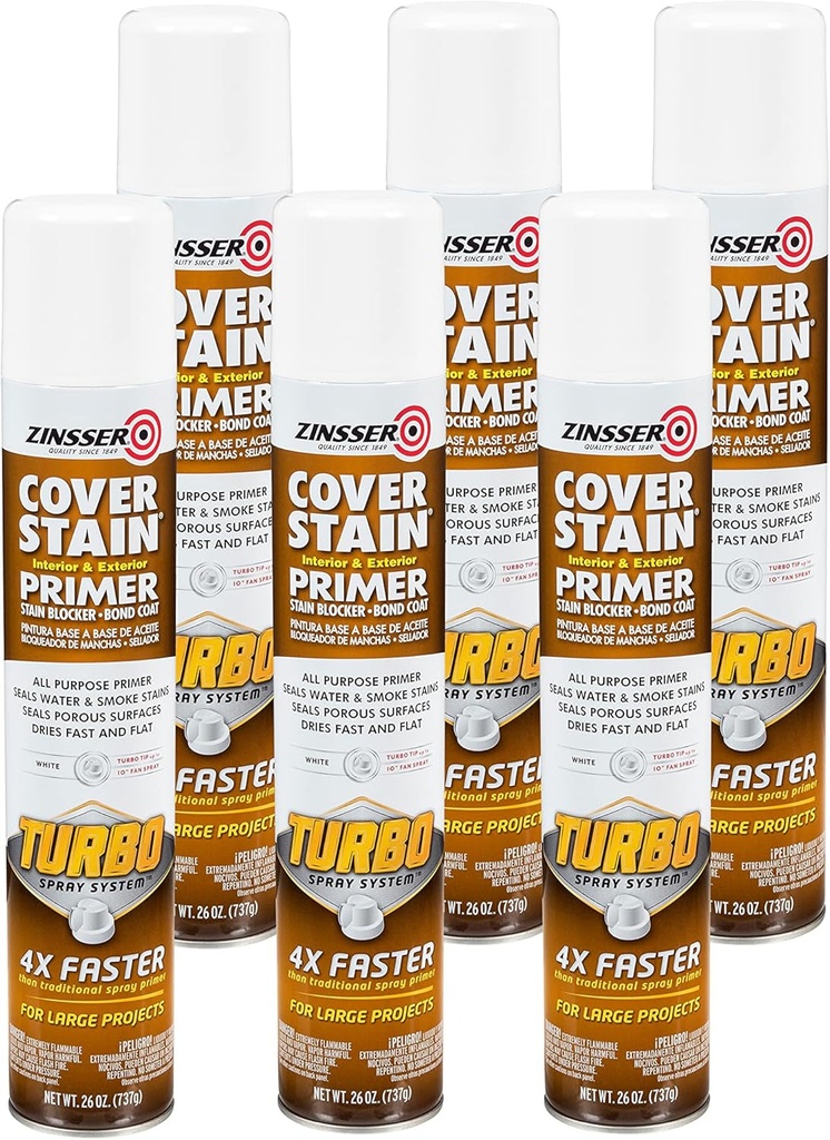 Zinsser Cover Stain Turbo Primer Spray, 26 Oz, White, (Pack of 6)
