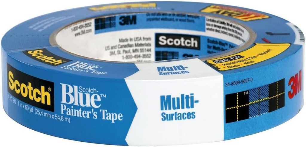 3M Scotch-Blue 2090 Safe-Release Crepe Paper Multi-Surfaces Painters Masking Tape, (36-Pack) 27 Lbs/In Tensile Strength, 60 Yds Length X 1" Width, Blue