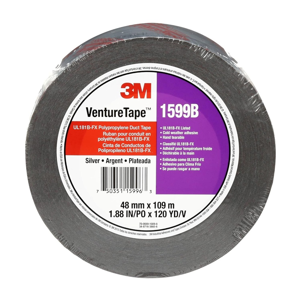 3M Venture Tape UL181B-FX Polypropylene Duct Tape 1599B, Silver, 48 Mm X 109.7 M, 3 Mil, 24 Rolls per Case