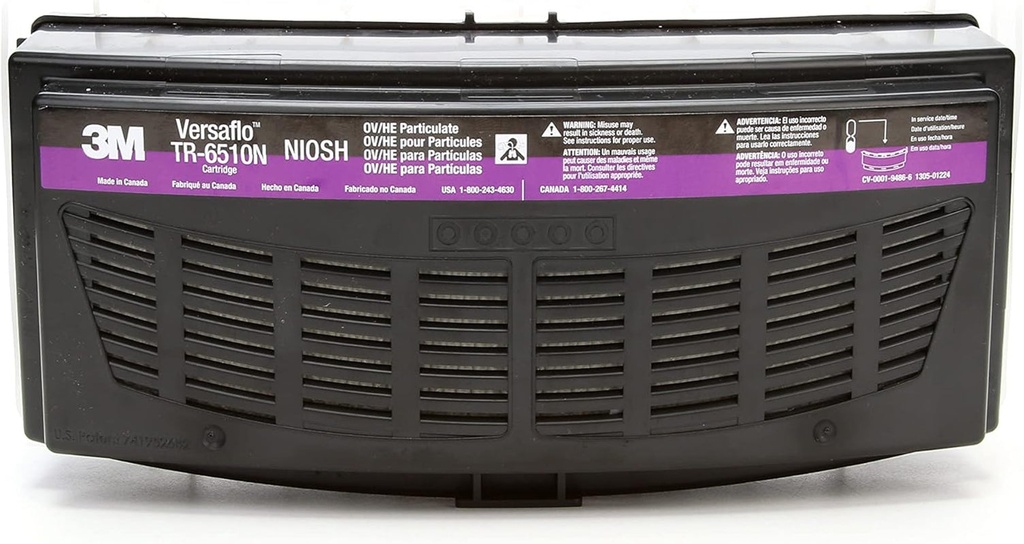 3M Versaflo HEPA Cartridge TR-6510N, Organic Vapors, for TR-600/TR-800 Powered Air Purifying Respirator (PAPR), 5/Case, Magenta/Black