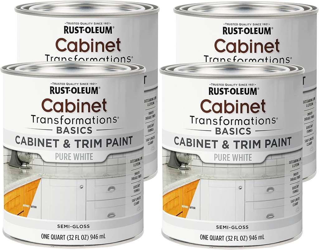 Rust-Oleum 372007-4PK Transformations Basics Cabinet & Trim Paint, Quart, Pure White, 0.25 Gallon (Pack of 4)