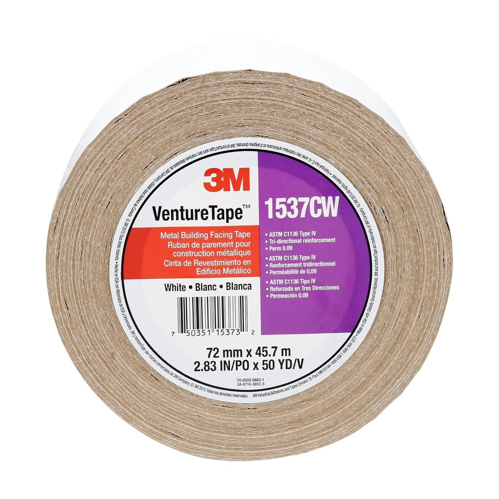 3M Metal Building Facing Tape 1537CW, White, 72 Mm X 45.7 M, 16 Rolls per Case
