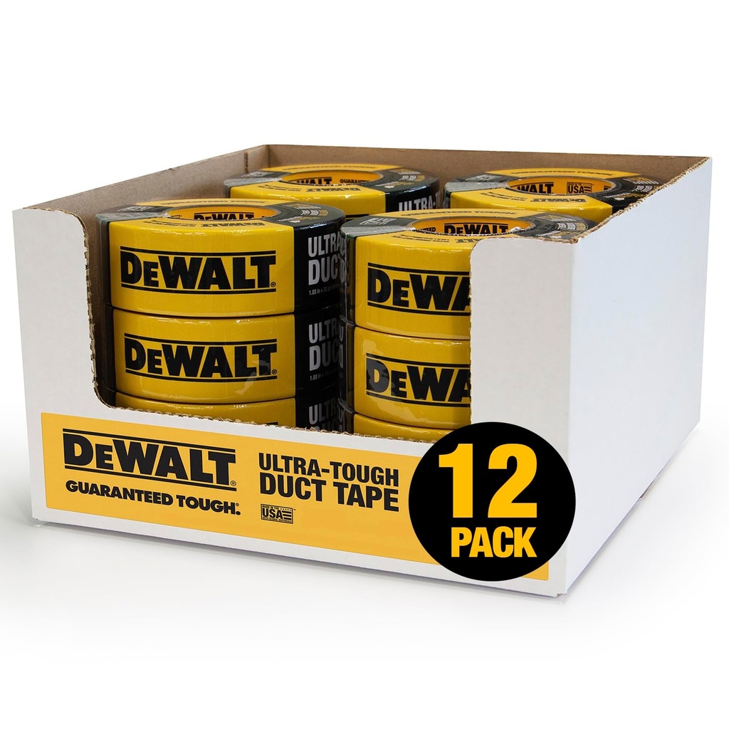 DEWALT Ultra-Tough Black Duct Tape, 12 Roll Multi-Pack, 1.88 in X 30 Yd