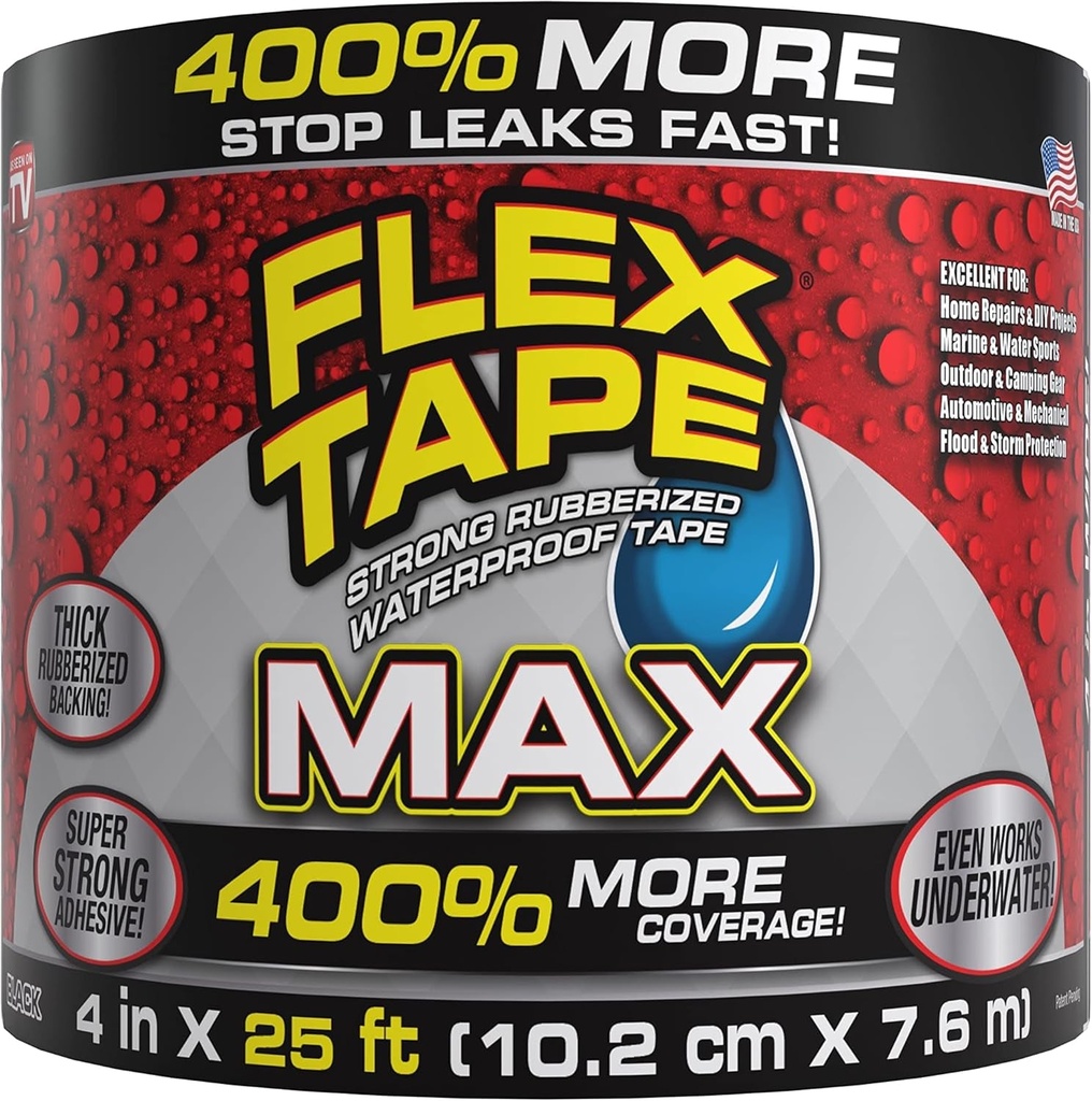 Flex Tape, MAX, 4 in X 25 Ft, Black, Original Thick Flexible Rubberized Waterproof Tape - Seal and Patch Leaks, Works Underwater, Indoor Outdoor Projects - Home RV Roof Plumbing and Pool Repairs