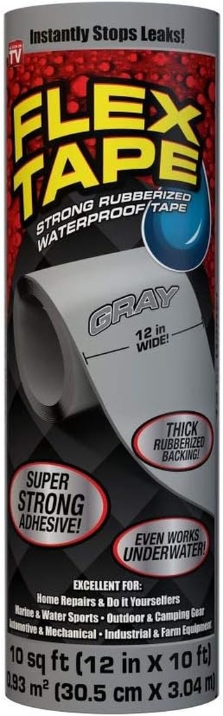 Flex Tape, 12 in X 10 Ft, Gray, Original Thick Flexible Rubberized Waterproof Tape - Seal and Patch Leaks, Works Underwater, Indoor Outdoor Projects - Home RV Roof Plumbing and Pool Repairs