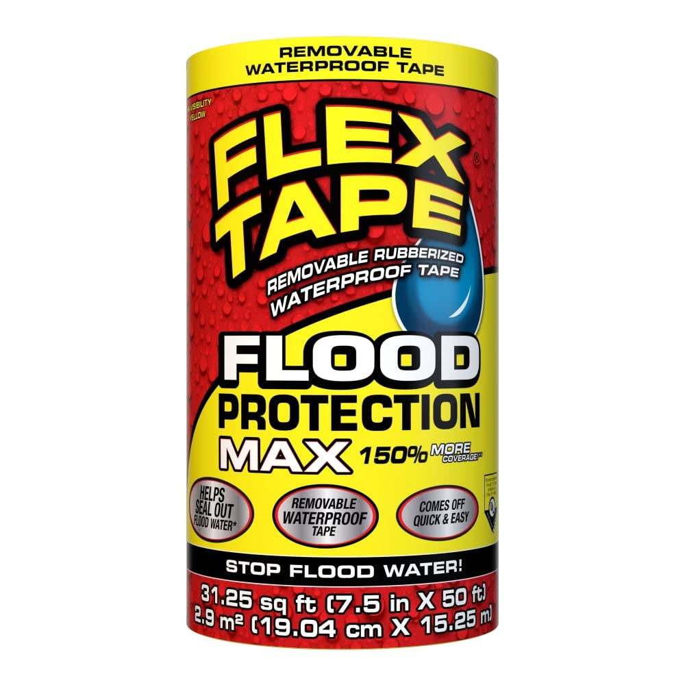 Flex Tape Flood Protection, 7.5 in X 50 Ft, MAX, Waterproof Rubberized Tape, Removable, Use on Windows, Doors, Garage Doors, Casings, Thresholds, Conduits, Vents, Ducts