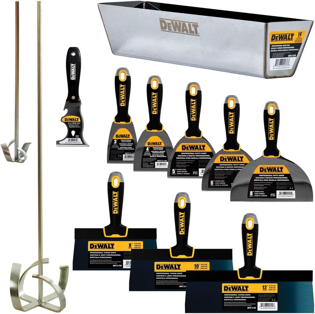 DEWALT Deluxe Blue/Carbon Steel Hand Tool Set | 8/10/12" Taping Knives, 3/4/5/6/8" Putty Knives, 2 Mud Mixers + Free Bonus 14" Mud Pan | DXTT-3-610
