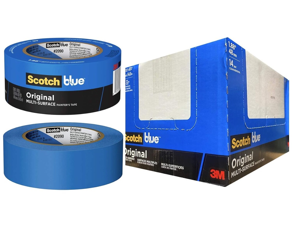 3M Scotch-Blue 2090 Safe-Release Crepe Paper Multi-Surfaces Painters Masking Tape, 27 Lbs/In Tensile Strength, 60 Yds Length X 2" Width, Blue