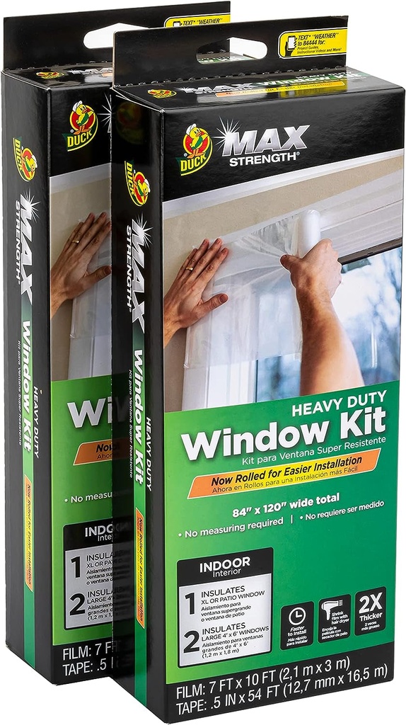 Duck MAX Strength Window Insulation Kit, Winter Window Seal Kit Fits Patio Doors & Large Windows, Heavy Duty Shrink Film Insulator, Indoor Installation, Window Tape Included, 84" X 120", Clear, 2 Pack
