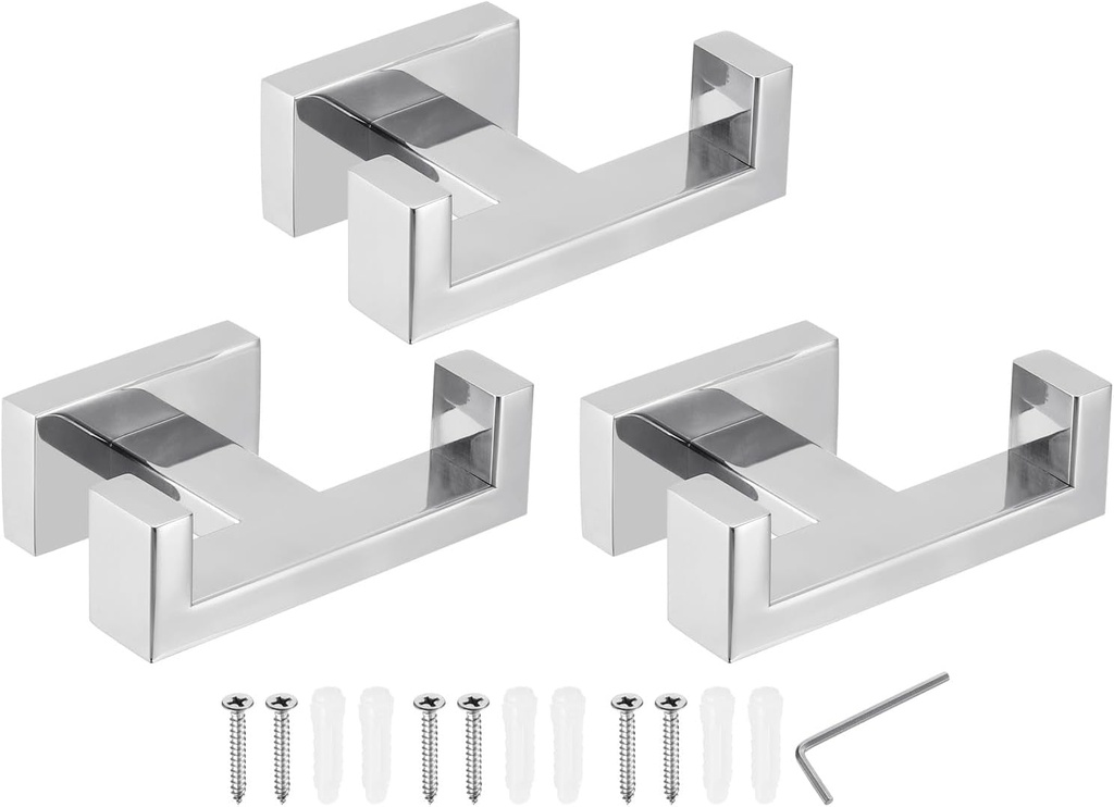 PATIKIL Double Towel Hook, 3Pack 304 Stainless Steel Wall Mounted Hanger Rectangle Towel Holder for Hanging Bathroom, Bedroom, Dormitory, Hang Towel, Clothes, Coat, Robe, Hat, Chrome Color