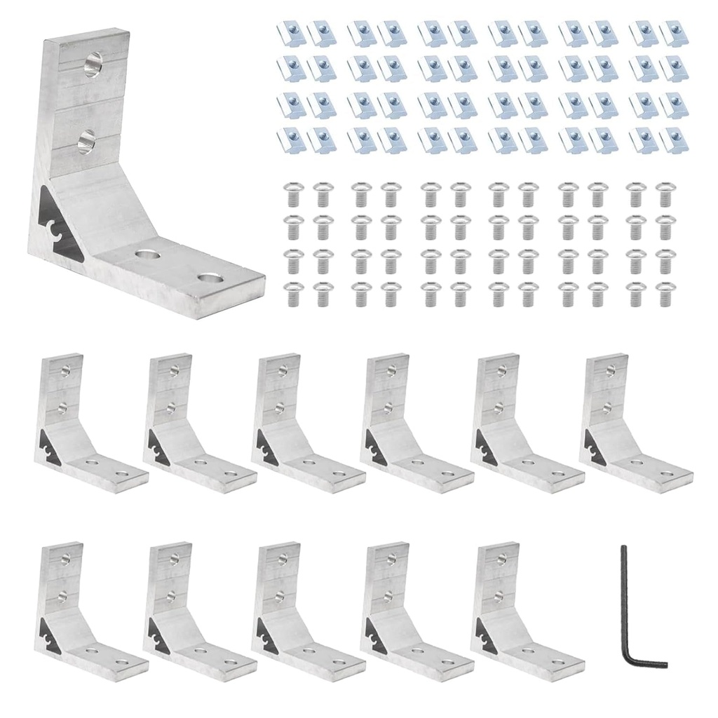 12Pcs 4040 Corner Bracket Angle 4040 Extruded Aluminum Hardware V-Slotted Accessories T-Slot with T Nuts and Screws for 4040 Aluminum Profile 3D Printer Frame Parts Silver