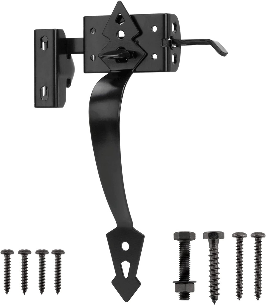 Thumb Gate Latch Hardware for Wooden Fence Heavy Duty, Self Closing Door Latches with 8" Decorative Handle, Gate Lock Kit for Outdoor Garden, Pool, Metal Gate, Vinyl Fence, Steel, Black Finish