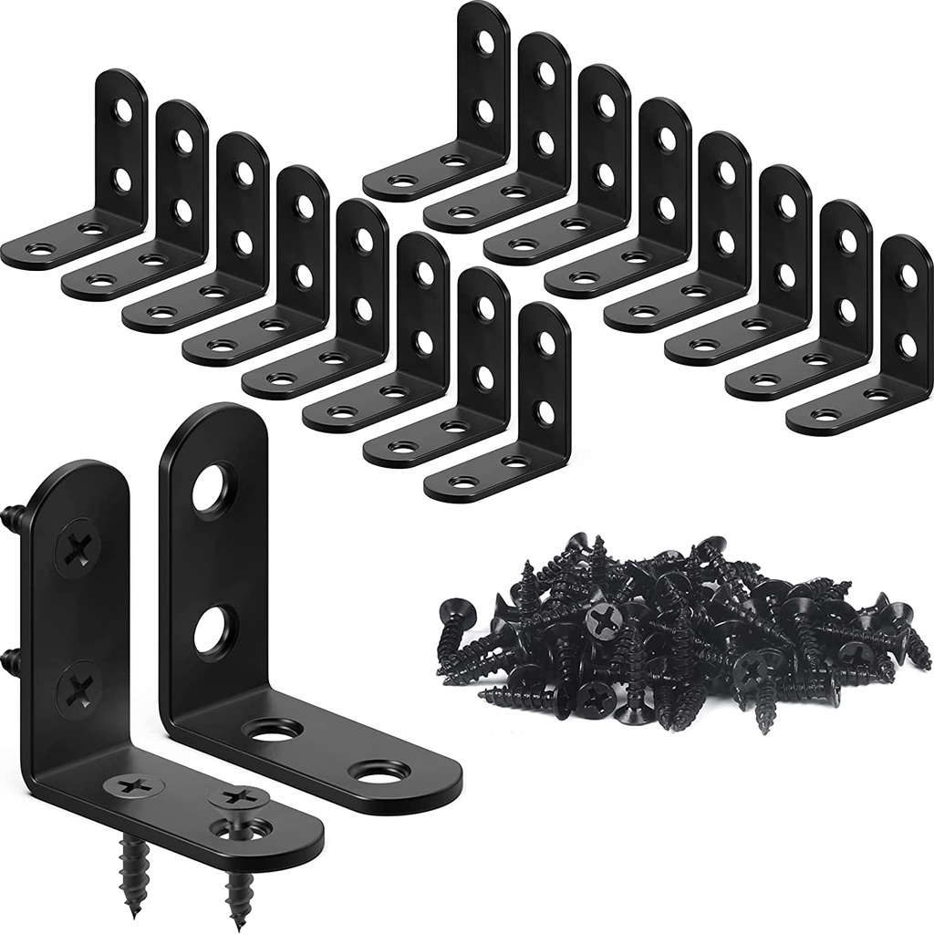 18PCS L Bracket Corner Bracket, FATLODA Stainless Steel L Brackets for Shelves, Black Small Right Angle Bracket, Metal Corner Brace for Wood Furniture Cabinet Chair with 72PCS Screws (1.57X1.57 In)