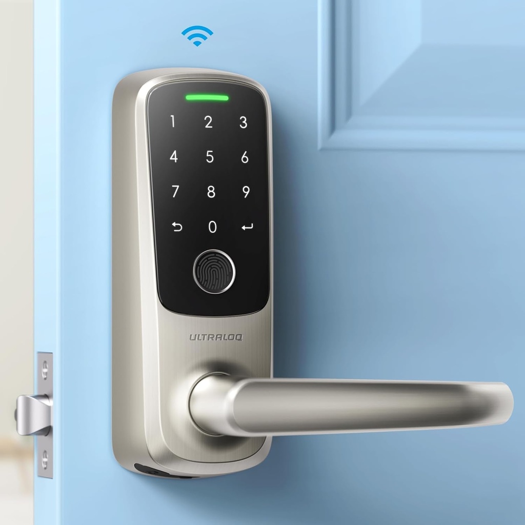 ULTRALOQ Latch 5 Smart Lock - Built-In Wifi Smart Fingerprint Door Lock - Biometric Keyless Entry Door Lock with App - Digital Keypad Door Handle Lock - Smart Locks for Front Door - App Remote Control