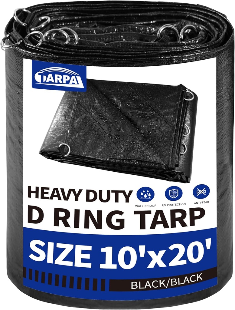 TARPAL Tarp 10X20 Heavy Duty Tarps 14Mil D-Shaped Metal Ring Waterproof UV Protection Triangular Design Reinforced Corners and Edges（Black）