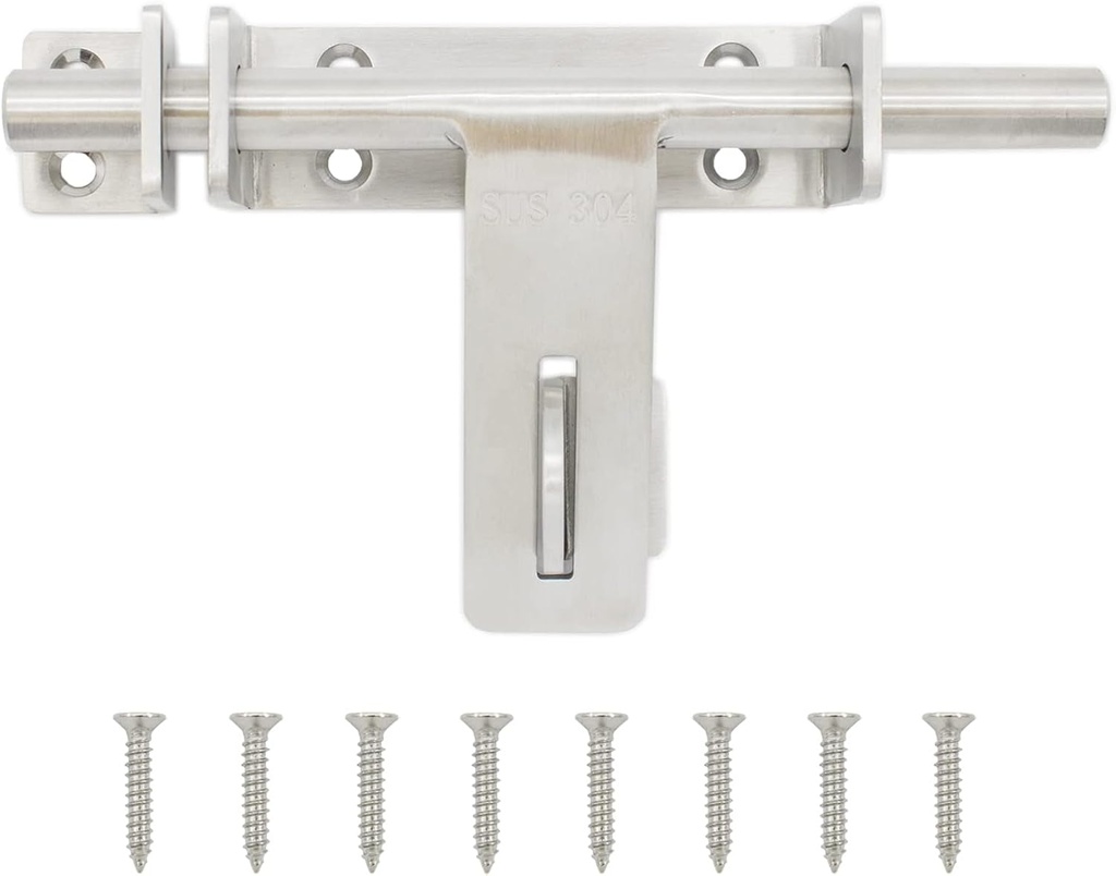 Door Security Slide Latch Lock, TTZEZE Sliding Bolt Gate Latch, Safety Lock Bolt Hasp, Heavy Duty 304 Stainless Steel Barrel Door Latches, Brushed Finish with Padlock Hole and Mounting Screws