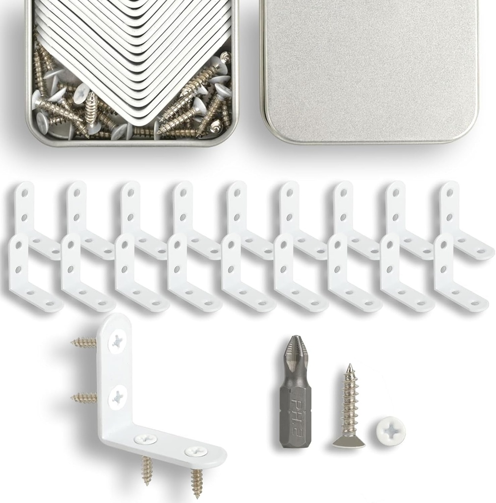 18Pcs White L Bracket & 72 Pcs White Screws,Corner Brace,1.57X1.57 Inch Small Right Angle Bracket,White Shelf Bracket,Corner Fastener for Wood Furniture Bedframe Cabinet Drawer Chair