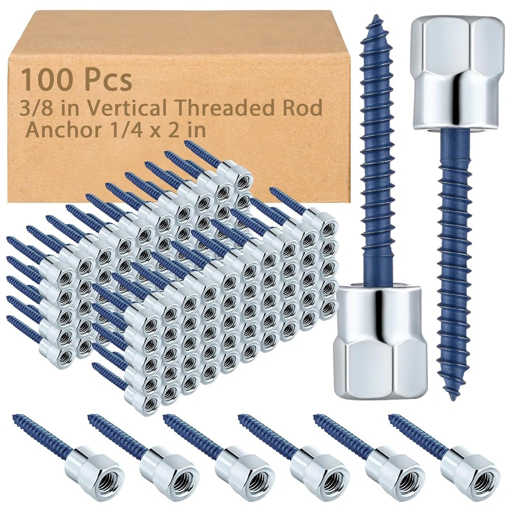 Tandefio 100 Pcs 3/8 in Vertical Threaded Rod Anchor 1/4 X 2 in Super Screw Threaded Rod Fitting Vertical Rod Anchor Designed for Wood Concrete Structure Pipe Hanger, Silver and Blue