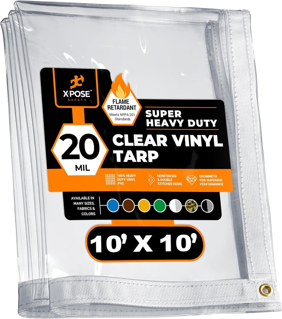 10' X 10' Clear Vinyl Tarp - Fire Retardant 20 Mil Super Heavy Duty Transparent Waterproof PVC Tarpaulin with Brass Grommets - for Patio Enclosure, Temporary Wall, Multipurpose - by Xpose Safety