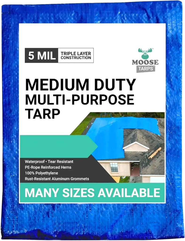 40' X 40' Waterproof Tarp | Medium Duty Reversible Blue/Silver | Multipurpose Indoor/Outdoor Use: Tents, Wood Cover, Furniture, Car, Boat, Pool, & More | Tear Resistant