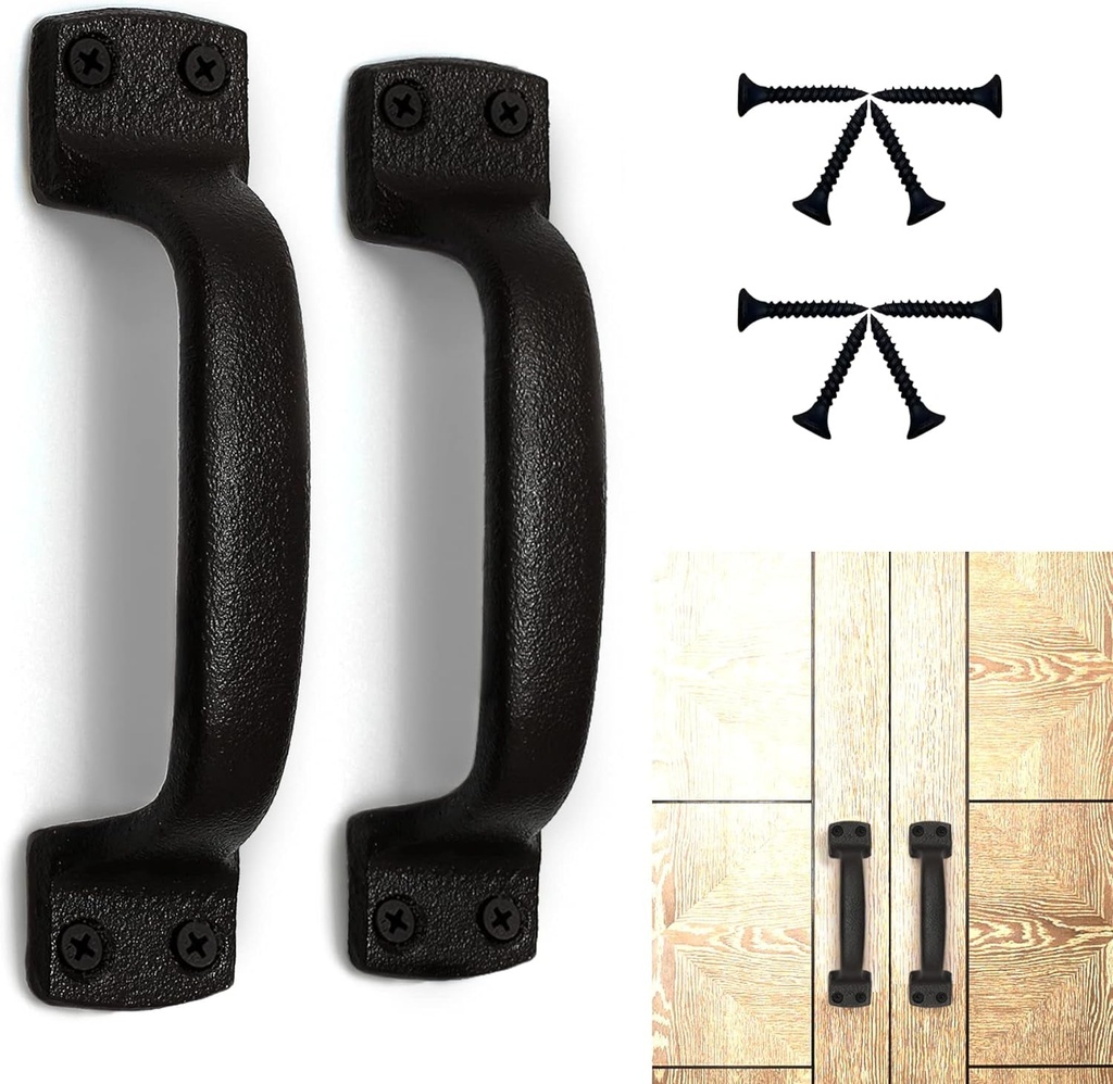 Rustic Barn Door Handles Black Cast Iron Gate Handle Vintage Metal Solid Heavy Duty Sliding Door Handle Fence Cabinet Pull Grab Handle, Set of 2, 7 Inch