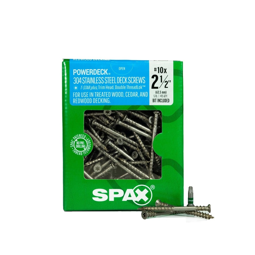 SPAX #10 X 2-1/2" Exterior Trim Head Stainless Steel Wood Deck Screws Powerdeck Torx T-Star plus (415 EA) 5 LB Bit Included Double Threaded Rust Resistant