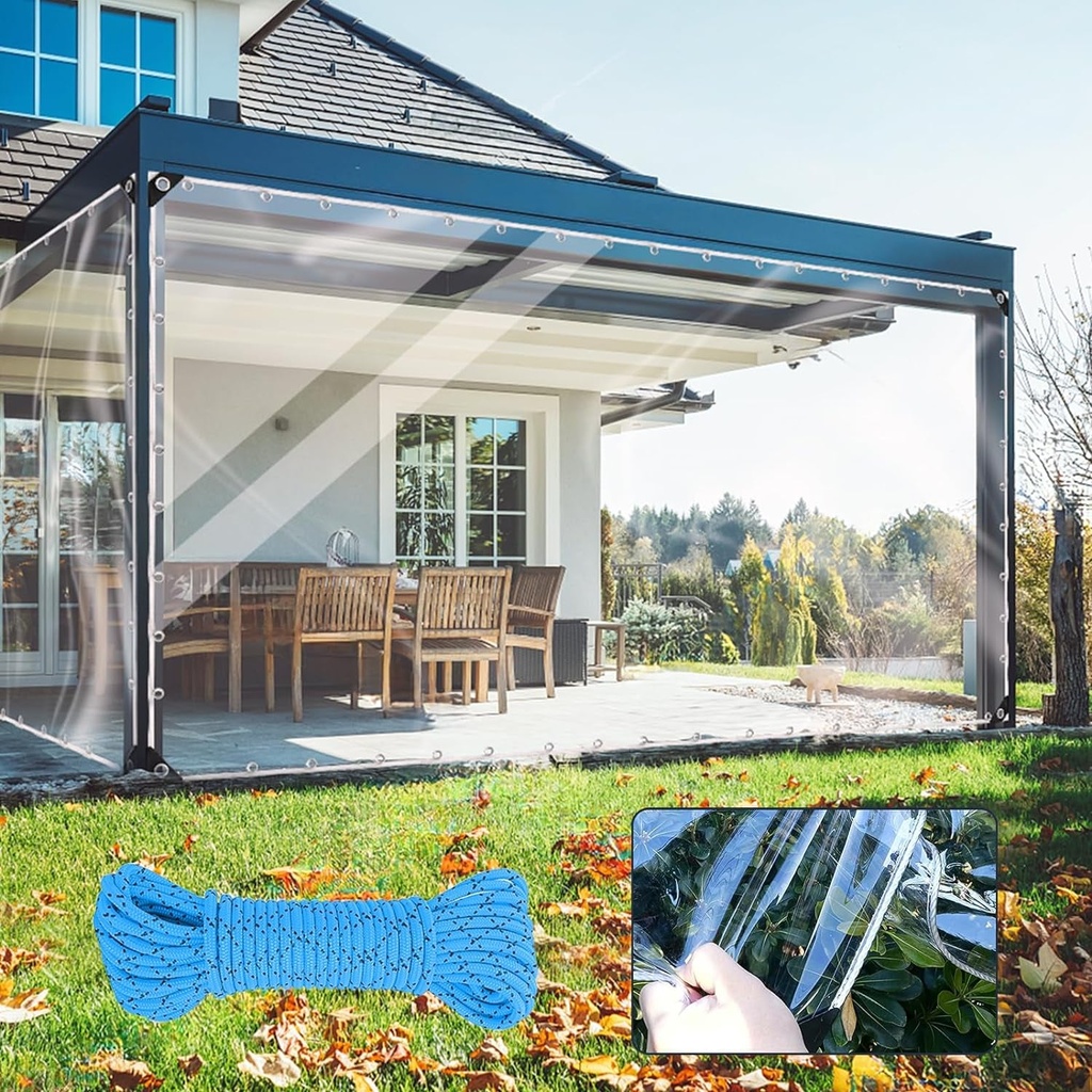 8X10Ft Clear Tarp, Clear Heavy Duty Tarp 14Mil Thickened Transparent Tear Resistant Water Resistant PVC Vinyl Tarpaulin Enclosurewith Grommets and Reinforced Edges for Patio,Porch, Outdoor