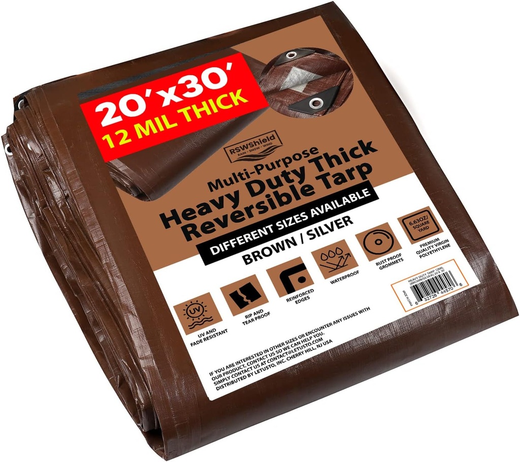 [20'X30'] RSW Heavy Duty Waterproof 12 Mil Safety Reversible Tarp Cover, UV Resistant, Rip and Tear Proof Tarpaulin with Reinforced Edges - for Roof, Camping, Patio, Pool Cover, Boat (Brown/Silver)