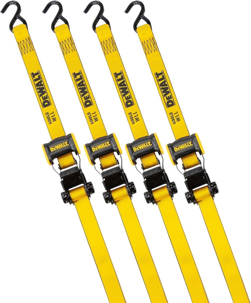 DEWALT DXBC18004 Black/Yellow 1.25" X 12' Ratchet Tie down Straps - Light-Weight Cargo Hauling (1800 Lb Break Strength), 4 Pack