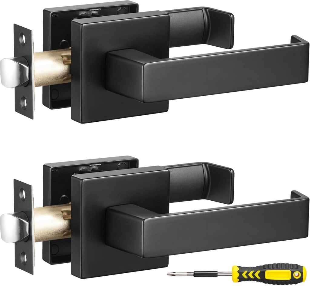 Lanwandeng 2 Sets Square Door Lever Door Lock Keyless, Passage Handle Locks, Interior Hallway Passage Closet Lock Matte Black Finish 2.1 Lb One Lever