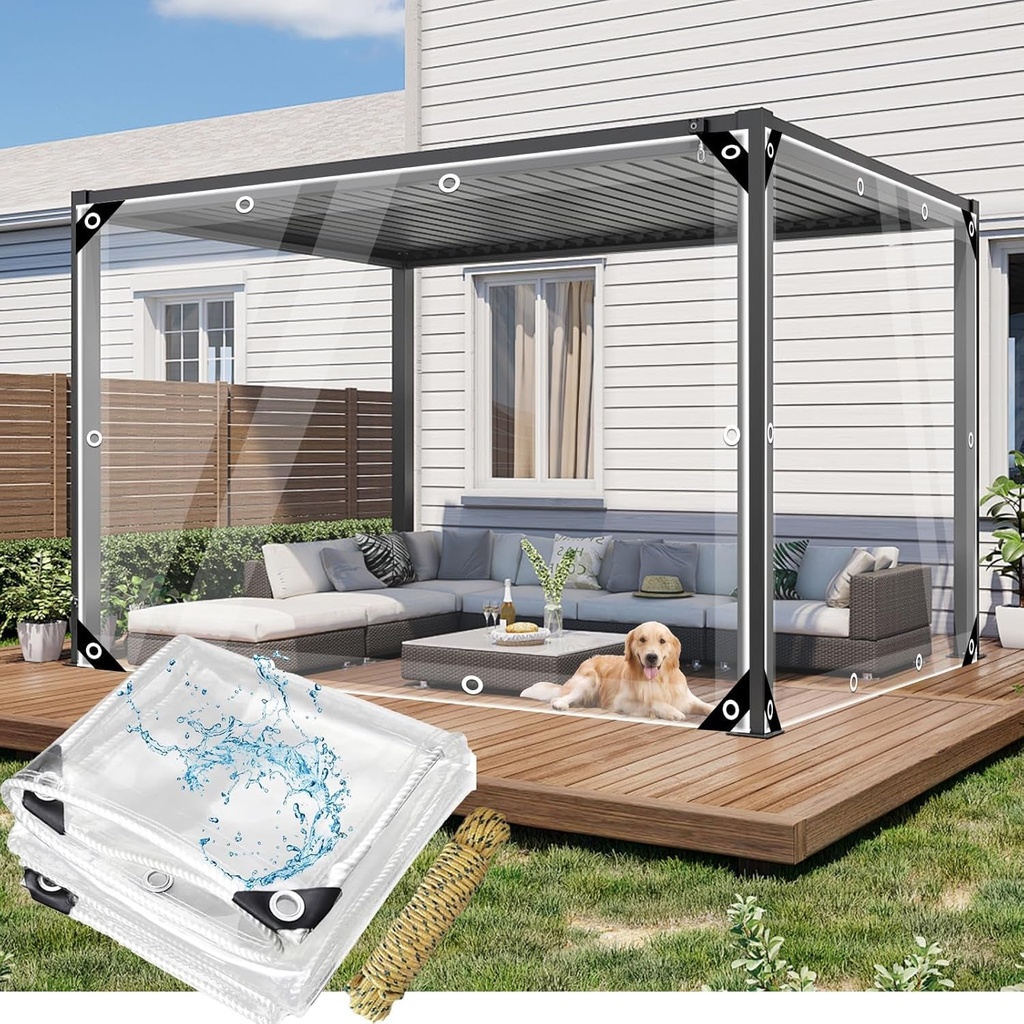 8' X 16' Canopies Tarps Clear PVC Waterproof Cloth Tear Resistance Waterproof 0.35Mm Vinyl Transparent Awning Canopy Patio Enclosure, Soft Glass Tarpaulin