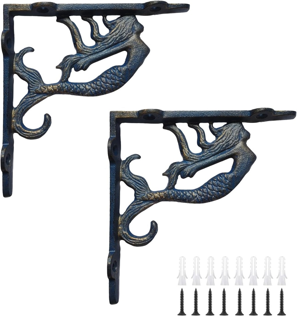 Rustic Mermaid Floating Shelf Bracket 6 Inch, Cast Iron Shelf Brackets for Wall Shelving, Heavy Duty Shelf Bracket Supports, Nautical Themed Decorative Shelves Brackets with Hooks