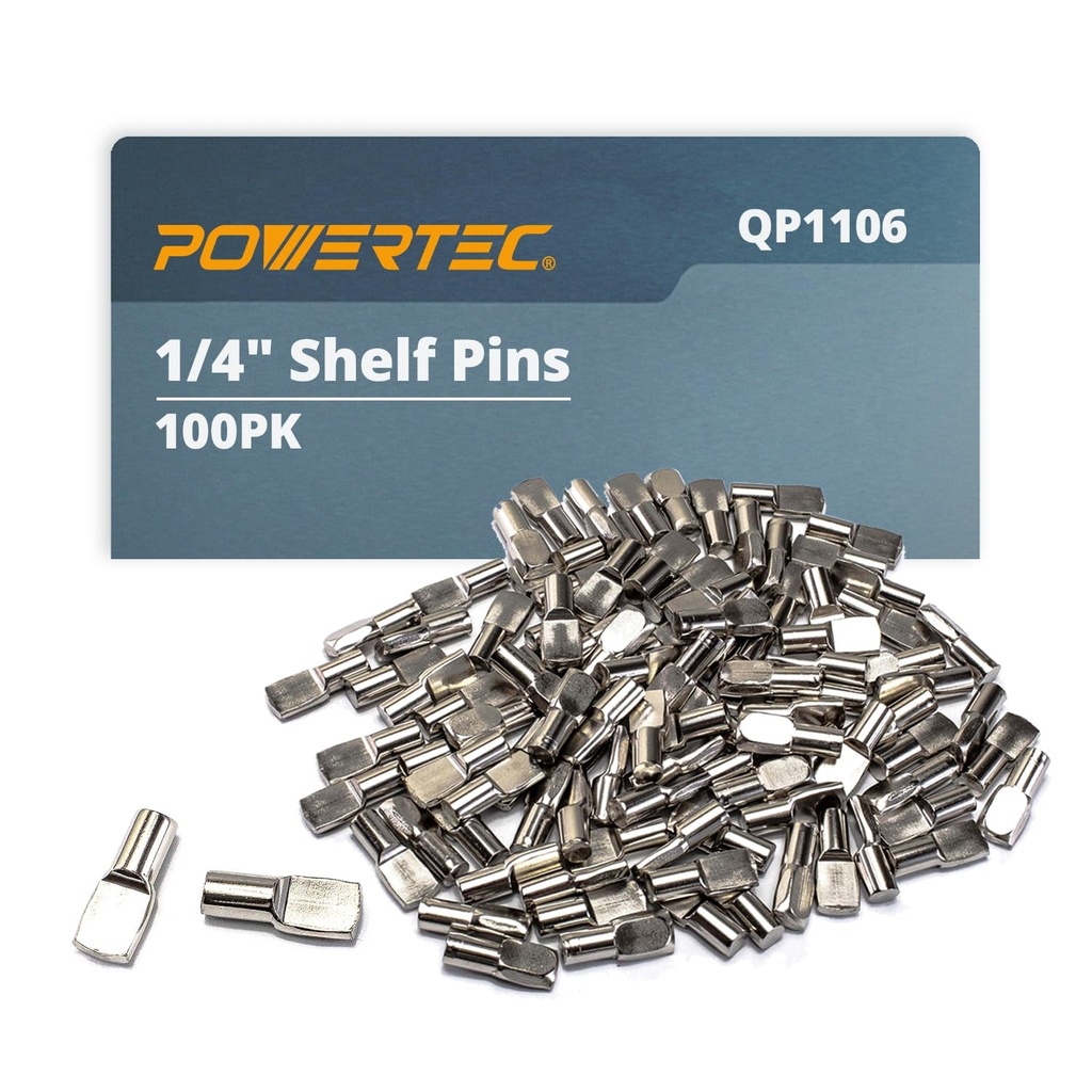 POWERTEC QP1106 1/4 Inch Shelf Pegs 100 Pcs, Spoon Shaped Shelf Pins Support Pegs for Shelves, Kitchen Cabinet Shelf, Bookshelf, Closet and Furniture, Nickel Plated Shelf Holders Pegs