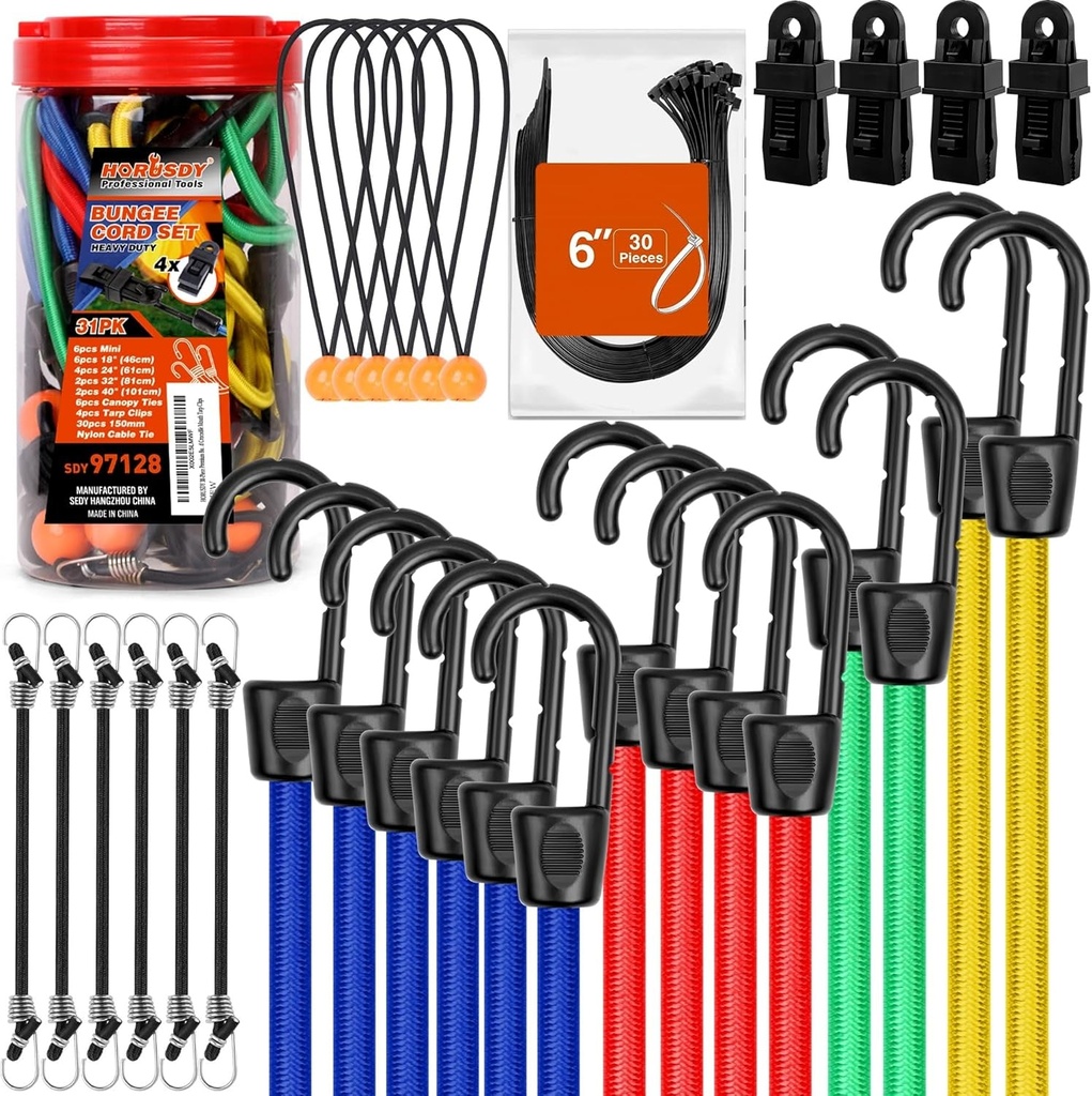 HORUSDY 30-Piece Premium Bungee Cords Assortment Jar, Includes 10”,18”,24”,32”,40” Bungee Cords, 8”Canopy/Tarp Ball Ties and Crocodile Mouth Tarp Clips.