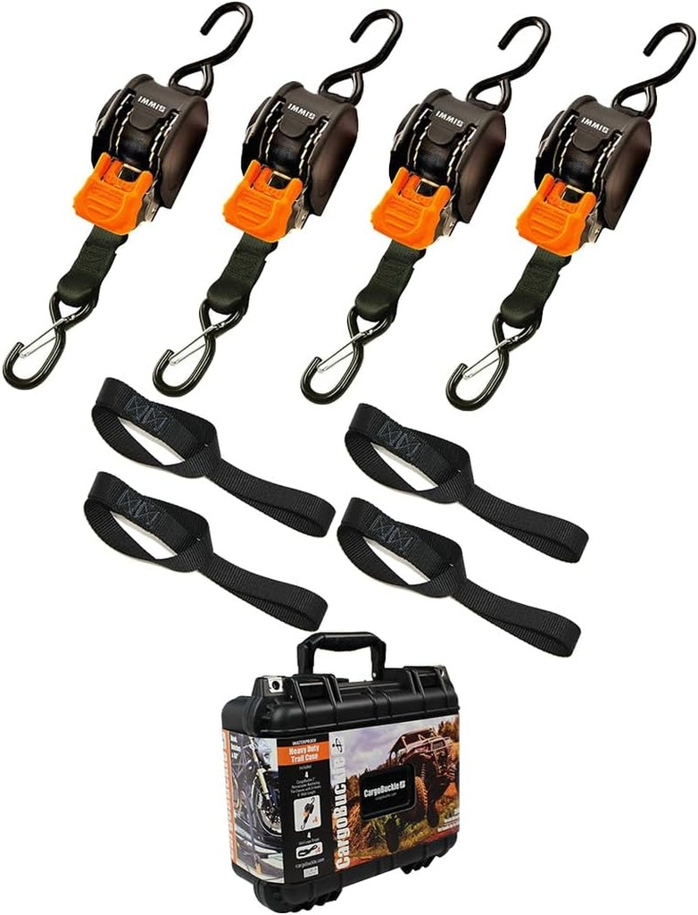 Cargobuckle Trailcase Deluxe Retractable Ratchet Straps, Tie-Down Ratcheting System: Includes 4 Straps, 4 Soft Loop Hook Converters & Weatherproof Case, for Loads up to 5,600 Lbs (1-Inch)