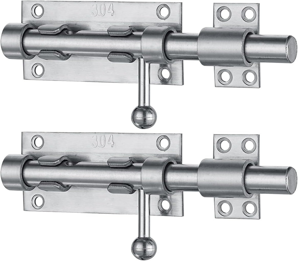 JQK Sliding Bolt Gate Latch, 6.3 Inch (Thick 2.4Mm) Heavy Duty 304 Stainless Steel Barrel Bolt with Padlock Hole, Interior Door Latches Brushed Finish 2 Pack, DL300-BN-P2