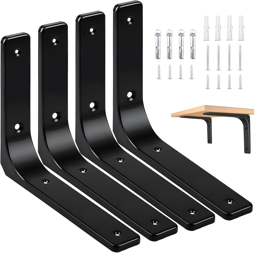 10" X 8" Metal Shelf Brackets, Heavy Duty L Hanging Angle Brackets, Iron Wall Bracket for Countertop Support, Corner Brace Joint, Black, 4 PCS