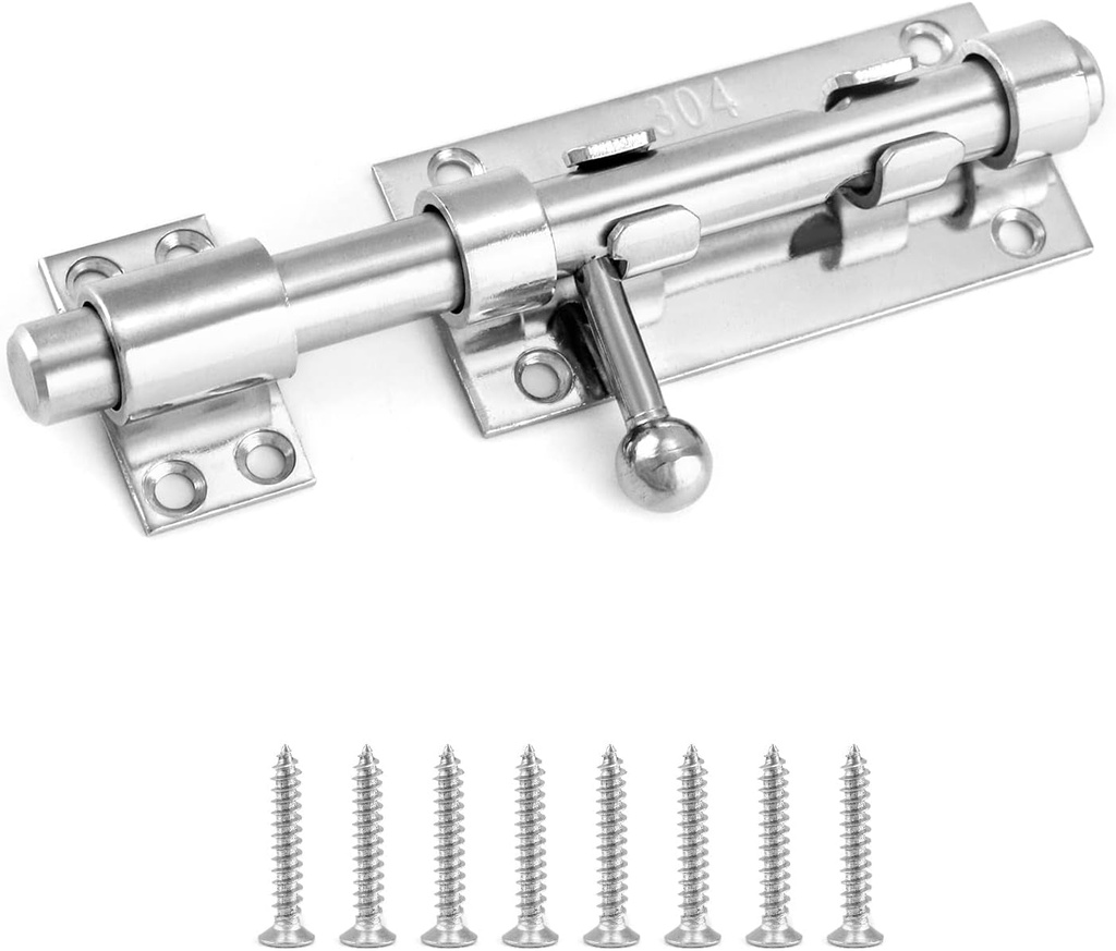 QWORK Sliding Bolt Gate Latch, 6.3" Heavy Duty 304 Stainless Steel Safety Barrel Bolt Door Latches with Padlock Hole and 8 Mounting Screws for Doors, Cabinets, Refrigerators