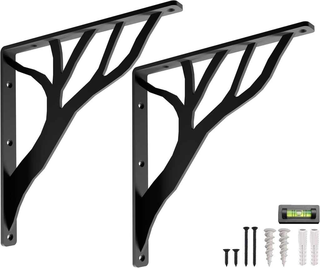 Rustic Tree Shelf L Brackets by Balin Designs (Black) for 12”-14” Shelves - Heavy-Duty Decorative Metal Mantel Bracket Supports - Easy Installation with Included Hardware - Set of 2