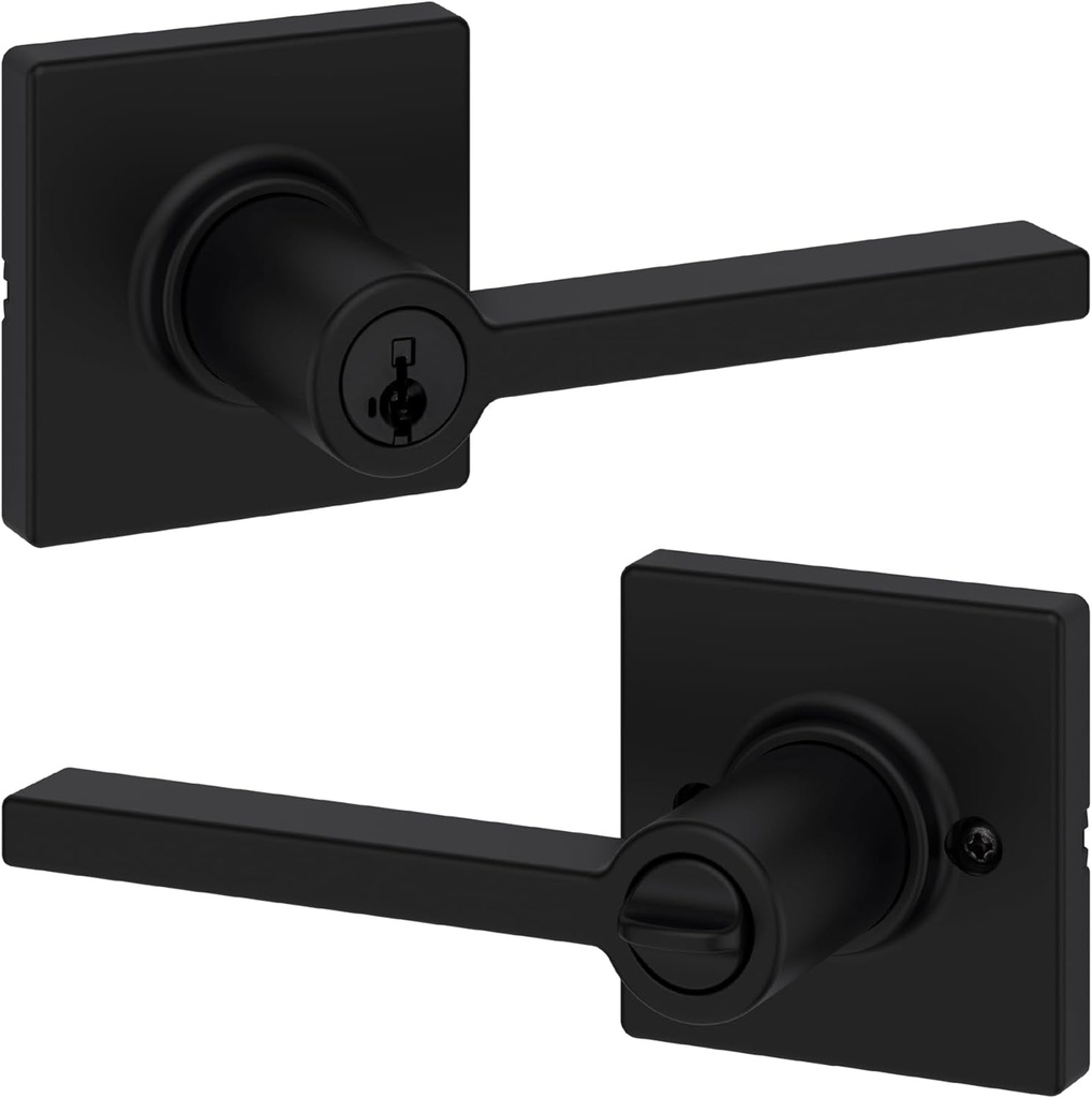 Kwikset Casey Entry Door Handle with Lock and Key, Secure Keyed Reversible Lever Exterior, for Front Entrance and Bedrooms, Matte Black , Pick Resistant Smartkey Rekey Security and Microban
