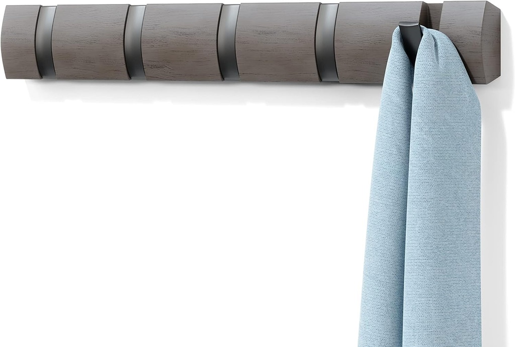 Umbra Flip Wall-Mounted Coat Rack Rail Hook for Hats, Jackets, Bags and More – Modern, Space-Saving Storage Organizer for Entryway, Mudroom, Closet, Bathroom, Bedroom, 5 Hooks, Grey/Pewter
