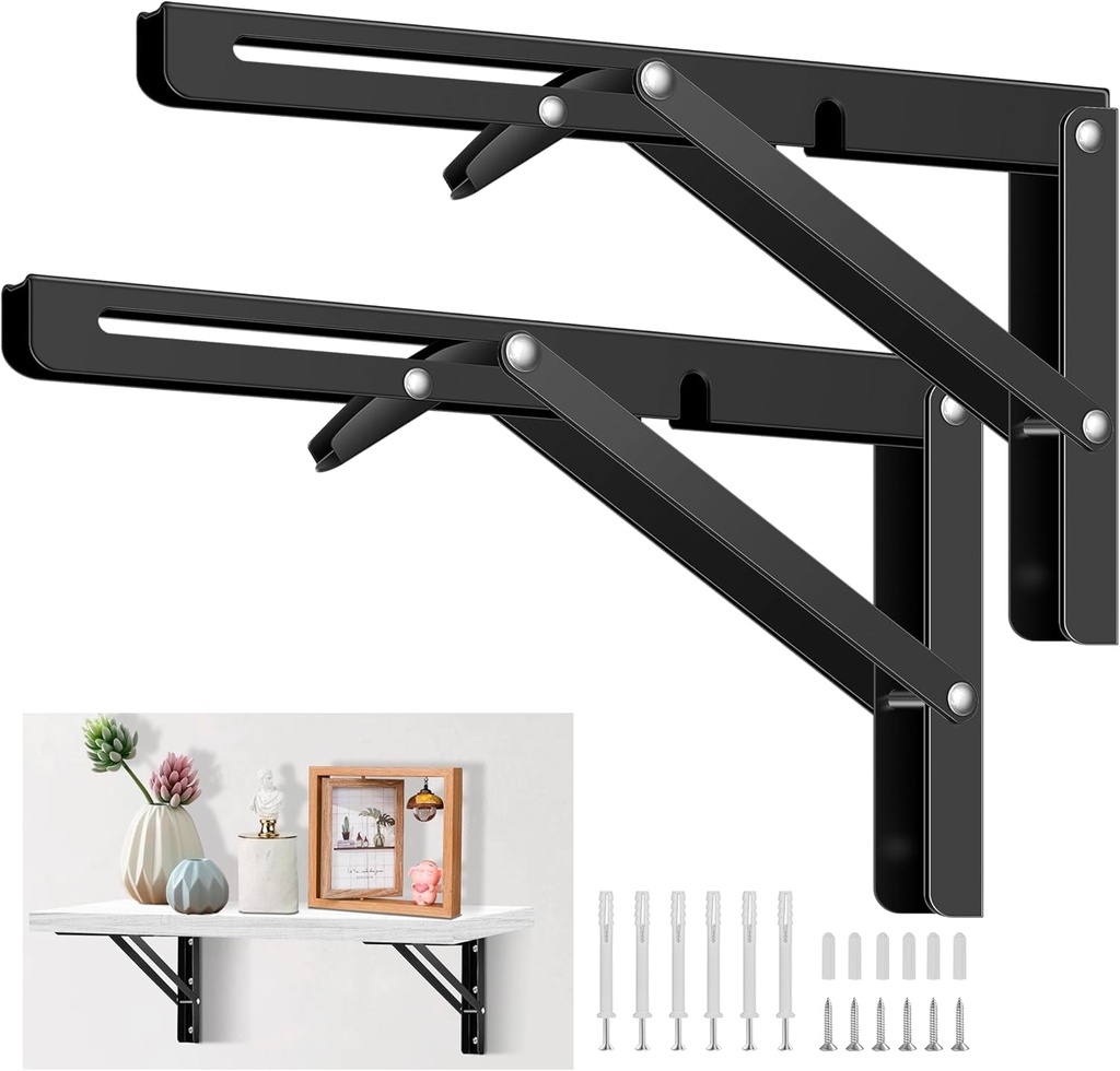16 Inch Folding Shelf Brackets, Pynsseu Heavy Duty Stainless Steel Collapsible Black Shelf Bracket, DIY Triangle Folding Shelf Bracket Wall Mounted for Table Work Bench Space Saving, 2 Pack