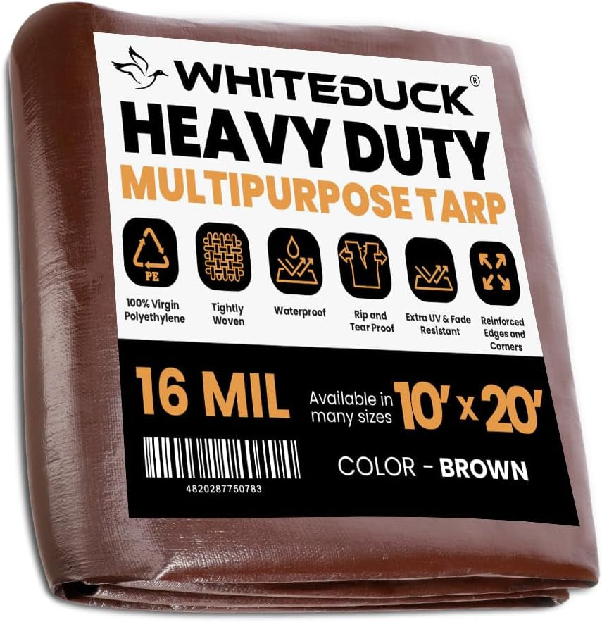 WHITEDUCK Super Heavy Duty Poly Tarp Cover 16 Mil & 10 Mil with Grommets and Reinforced Edges (Brown, White & Silver Black) (Brown- 16 Mil, 10' X 20')